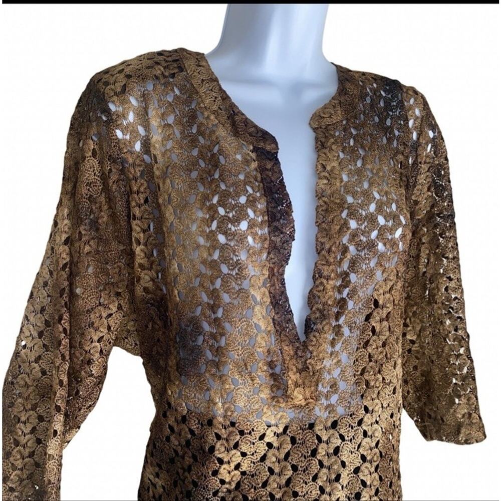VTG Catherines Women's Plus Size 1X Lace Fish Net Brown Tunic Blouse Top Spring - Picture 2 of 10